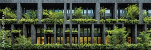 Dark gray building facade with lush green plantings