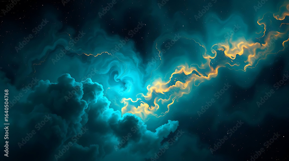 Fototapeta premium Cosmic Turquoise Nebula Streaked with Golden Light and Tiny Stars in the Deep Dark Night Sky