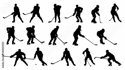 Silhouette collection showcasing various hockey players in action poses with hockey sticks and equipment