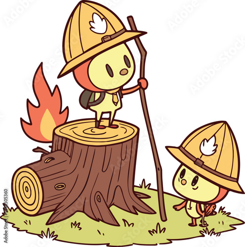 Cute Cartoon Firefighter Characters – Forest Fire Safety Illustration