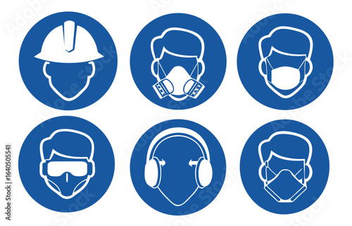 Bundle isolated blue circle head protection sign, helmet, google, ears cup, mask, respirator mandatory
