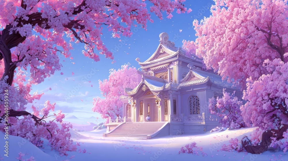 Obraz premium A stunning anime-style illustration of a traditional Japanese building surrounded by cherry blossoms in a serene,snowy landscape.