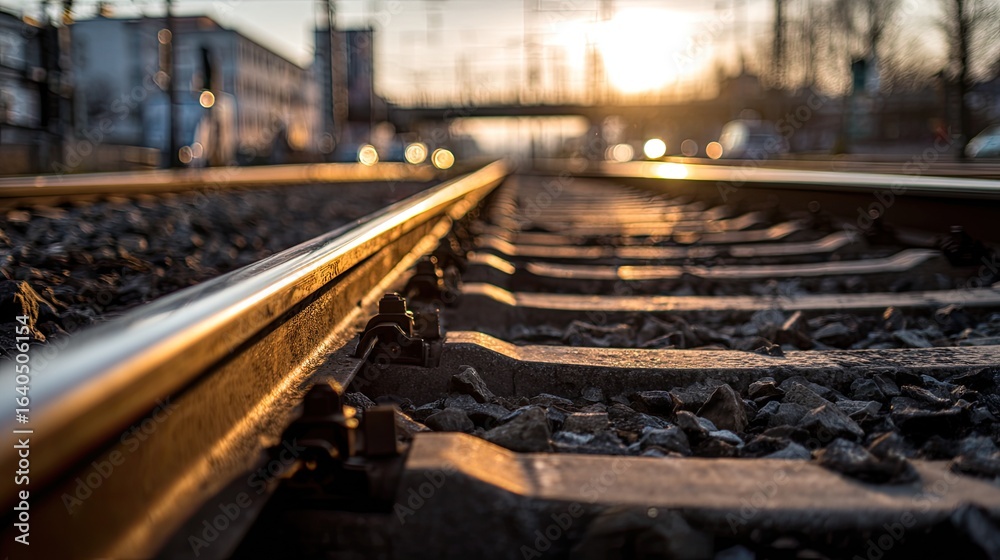 Obraz premium Railroad tracks at sunset, close-up view. City skyline in the background