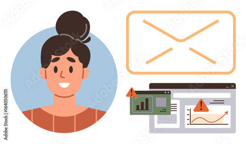 Smiling woman next to envelope, graph, and website interface with warning icons. Ideal for email communication, data monitoring, alert systems, cybersecurity, technology, troubleshooting simple flat