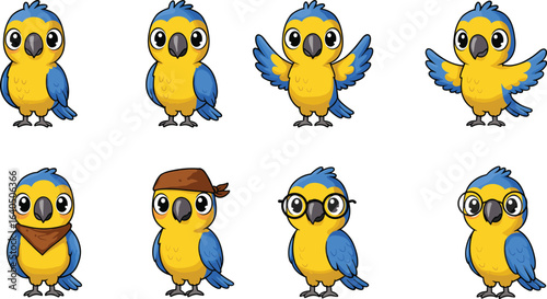 Cute cartoon parrot character set, blue yellow bird, animal mascot, expressive poses, funny emotions, kids illustration, tropical pet, colorful feathers, aviary icon, vector art