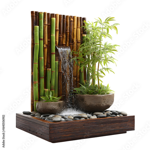 Indoor water fountain with bamboo and plants, relaxation and zen