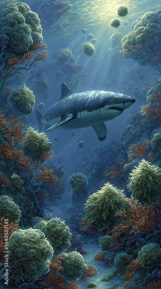 Fototapeta premium Great White Shark Underwater Marine Wildlife Ocean Exploration Coral Reefs Biodiversity Sea Habitat Fins Movement Dive Nature Silhouette Predator Tranquil 
