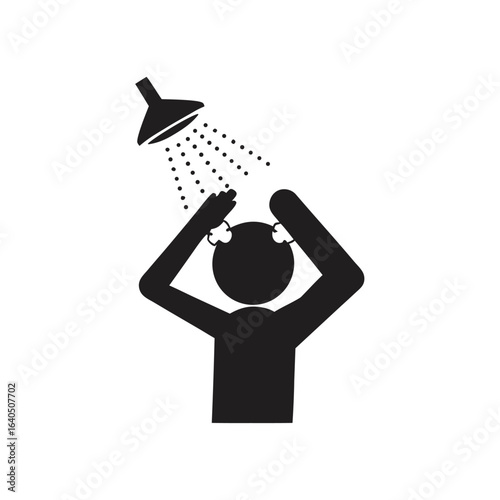 Isolated black pictogram icon of man shower, for sign shower before entering pool, washroom, shower room, rest room, hotel, public area, swimming pool and other
