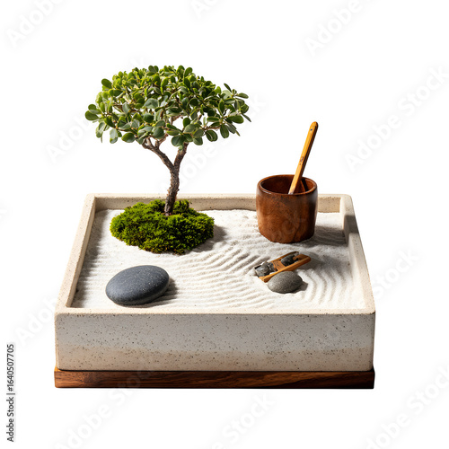 Miniature zen garden with tree, moss, sand