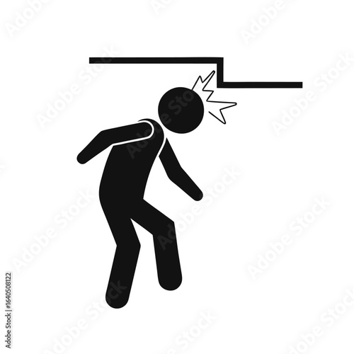 Isolated illustration of man walking with head hit low ceiling for safety sign mind your head, low up ceiling caution, head lowering instruction, drop hazard
