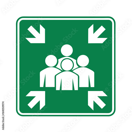 Isolated square green sign group of people gather for assembly point zone signage
