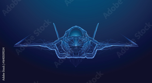 Futuristic low poly wireframe fighter jet in holographic style, glowing with blue neon lines on dark background. Sci-fi aviation and military technology concept. vector eps10