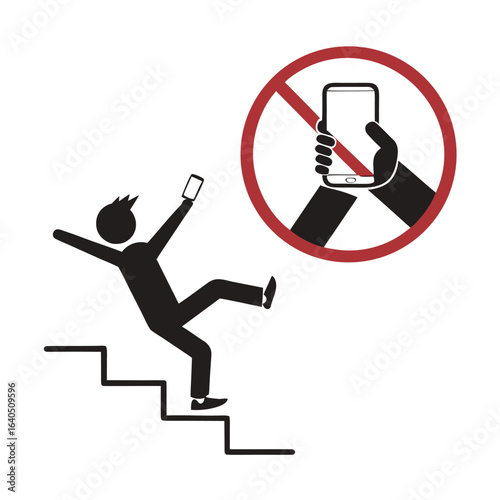 Isolated illustration of man stick figure walking down stair with hold or while use hand phone, no phone usage red circle crossed, for caution cell phone using restricted safety sign
