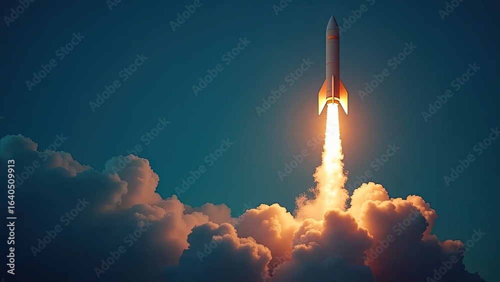 Fototapeta premium Rocket launching through a cloud of smoke.