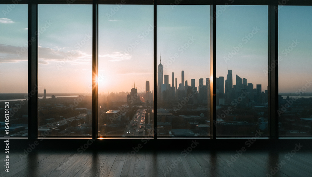 Fototapeta premium Cityscape from Above: A captivating panoramic view of a bustling cityscape, framed by modern architecture and bathed in the warm light of sunrise or sunset.