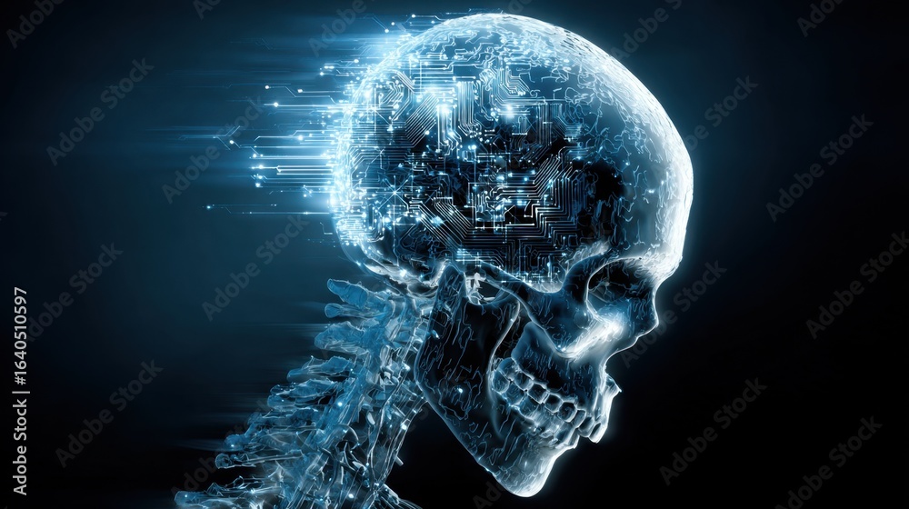 Fototapeta premium Futuristic Human Skull with Digital Patterns Emphasizing Technology and Artificial Intelligence Concept