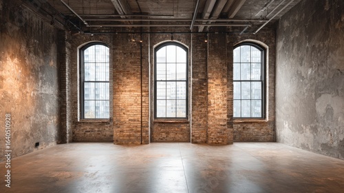 Loft Interior with Arched Windows and Exposed Brick Walls in a Spacious, Modern Design