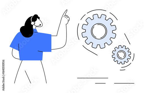 Woman pointing toward large and small gears, symbolizing collaboration, strategy, innovation, technology, team coordination. Ideal for productivity, workflow teamwork efficiency. Simple flat