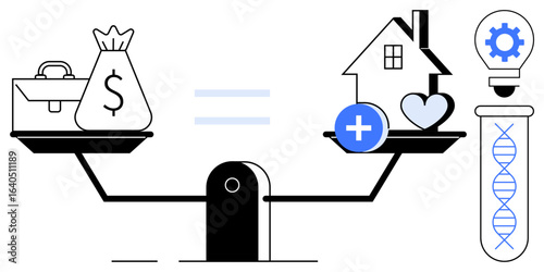 Scales balancing money, health, and home against innovation represented by a test tube and gear. Ideal for financial planning, life decisions, work-life balance, well-being, innovation, priorities