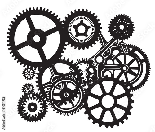 Set of mechanical gears and cogs on black background representing industry and engineering concepts