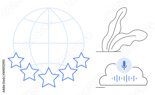 Globe with stars symbolizing excellence, abstract plants for growth, cloud with microphone and soundwave. Ideal for global success, innovation, technology, communication, voice recognition