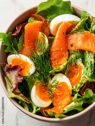 Healthy Balanced Lunch Bowl Smoked Salmon Egg Fresh Vegetables Salad Organic Farm Sourced Herbs Protein Nutrition Gourmet Delicious Appetizer 