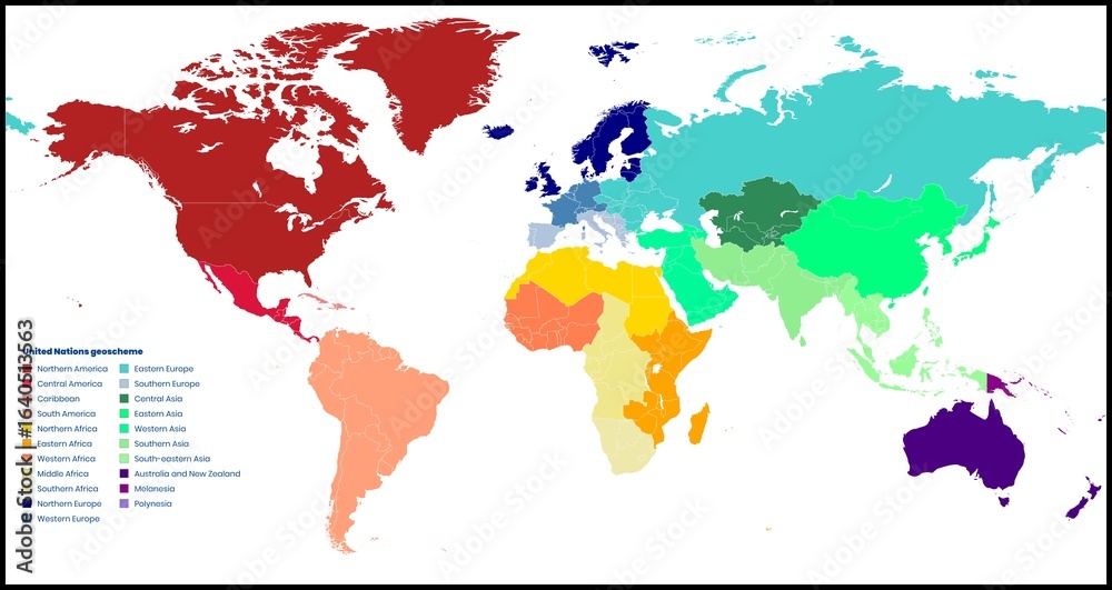 Naklejka premium World map with UN geoscheme regions color-coded by geographic divisions.