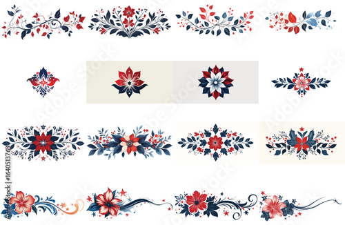 Patriotic Floral Set Flower and Leaf Embellishments with Stars and Swirls Designs