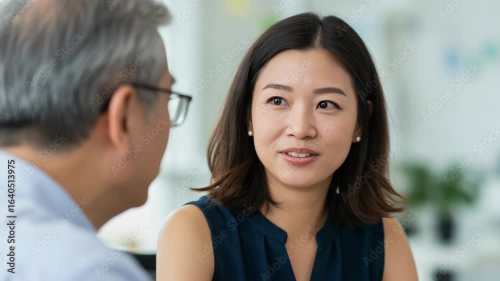 A smiling asian woman in a dark blue top is engaged in a conversation with a caucasian man in a light blue shirt, suggesting a business meeting or discussion A smiling asian woman in a dark blue top is engaged in a conversation with a caucasian man in a light blue shirt, suggesting a business meeting or discussion