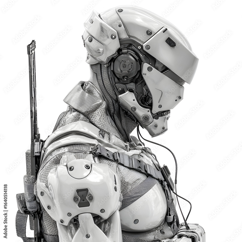 Fototapeta premium Futuristic soldier profile view advanced armor rifle weapon technology
