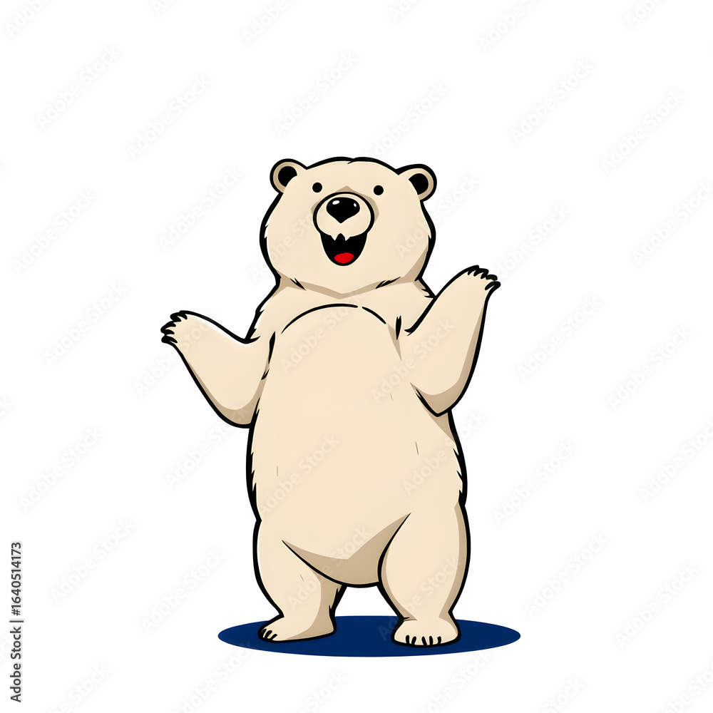 Obraz premium A cartoon polar bear is standing on a blue background and is smiling