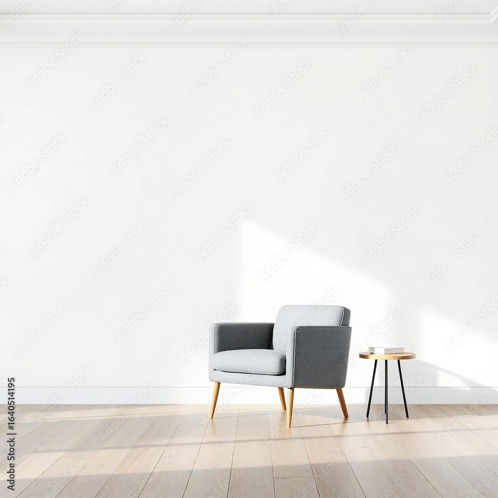 Fototapeta premium Modern grey armchair and side table in a sunlit room