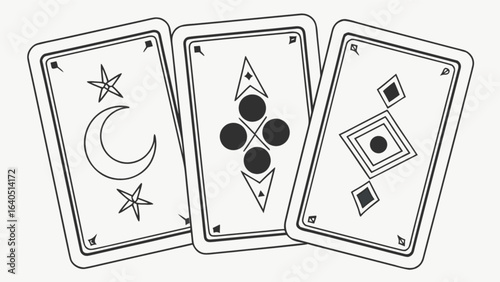 Three tarot cards reading with moon star diamond and clover symbols for fortune telling and divination practice