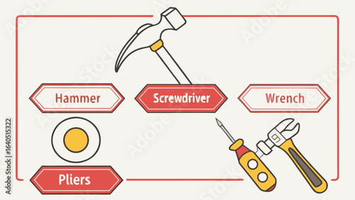 Illustration of common hand tools hammer screwdriver wrench and pliers for diy and home improvement projects