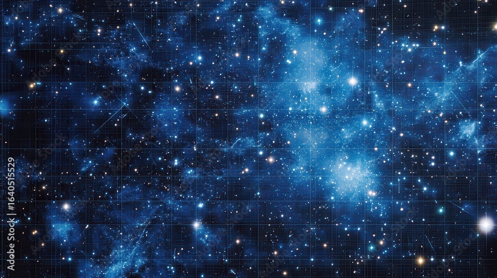 Fototapeta premium Mysterious cosmic nebulae with starry grid overlay in space