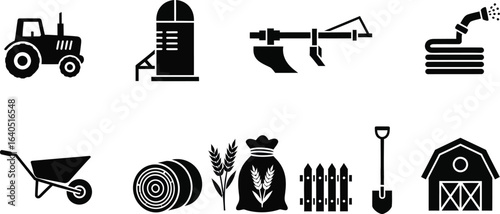 Farm agriculture equipment vector icons set agriculture tools