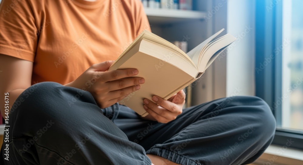 Fototapeta premium Woman immersed in reading a book sitting near the window, enjoying leisure time indoors