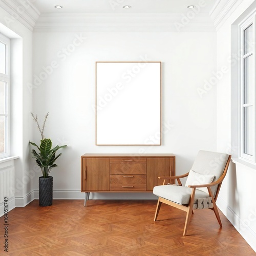 Modern living room with mid century modern furniture and mockup frame