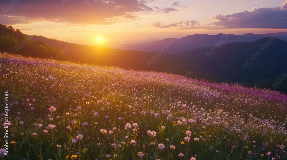 Obraz premium Serene wildflowers blooming at sunset in mountainous region