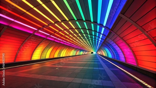 Futuristic rainbow tunnel with vivid neon light reflections on modern walkway