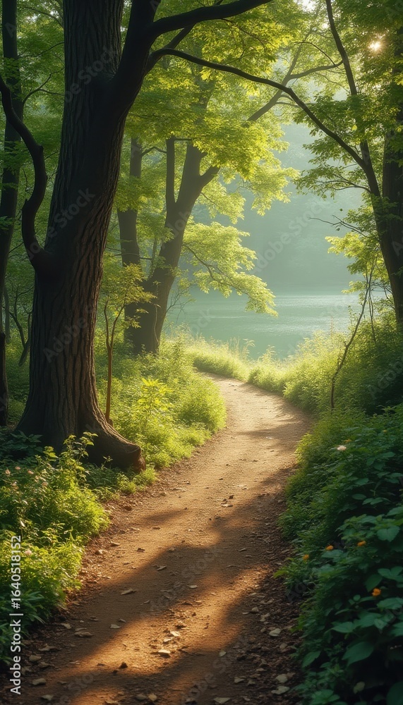 Fototapeta premium Serene forest path leading to a tranquil lake in daylight