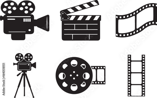 Film reel and movie camera icon for cinema and video production