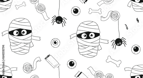 Cute halloween pattern background with mummies and candy eyes