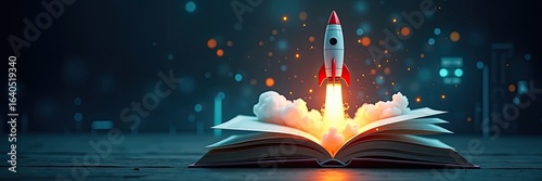 Rocket launching from an open book, symbolizing innovation and inspiration.