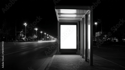 Blank Advertisement Billboard Mockup at Bus Stop Shelter during Night in Dark Monochrome