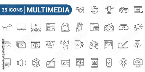 Thirty five multimedia icons with outline style, suitable for educational material, infographics, presentations, project website and mobile app. editable stroke. vector illustration
