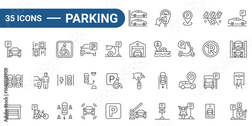 Thirty five outline icons of parking, perfect for signs, websites, and apps in transportation, urban planning, and commercial design projects. editable stroke. vector illustration