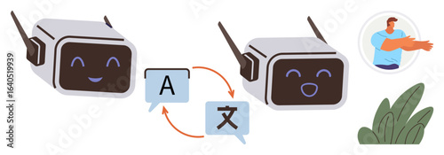 Robots exchanging multilingual messages in speech bubbles. Arrows indicate translation. Nearby human and plant add context. Ideal for language learning, AI communication, education, collaboration