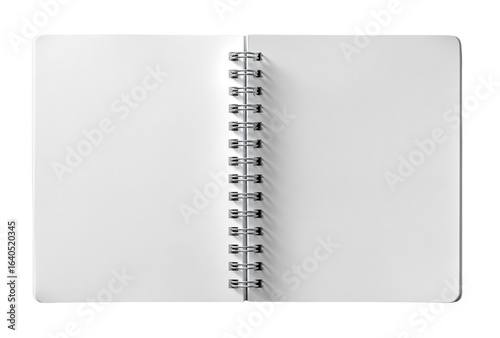 An open blank spiralbound notebook with white pages, isolated on a transparent background