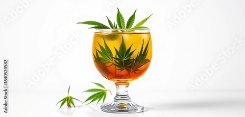 Cannabis-infused cocktail in elegant glass, white backdrop,  isolated,  lime